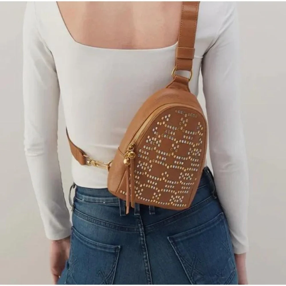 Fern Hobo Sling Bag Pebbled Leather Gold Studded Warm Honey Brown Small‎